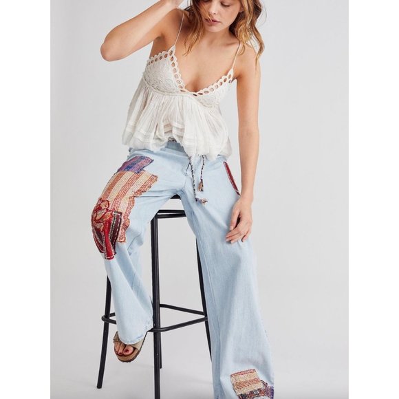 Free People La Vida Low-Rise Pull-On Patched Jeans in Ripple Effect Size Medium - Picture 3 of 6